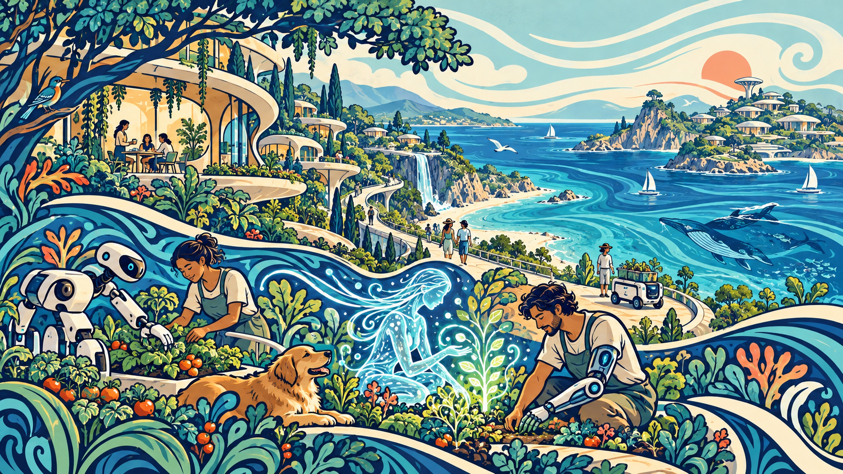 Un ecosistema costero ilustrado donde Species orgánicas, sintéticas, digitales e híbridas comparten un hábitat.