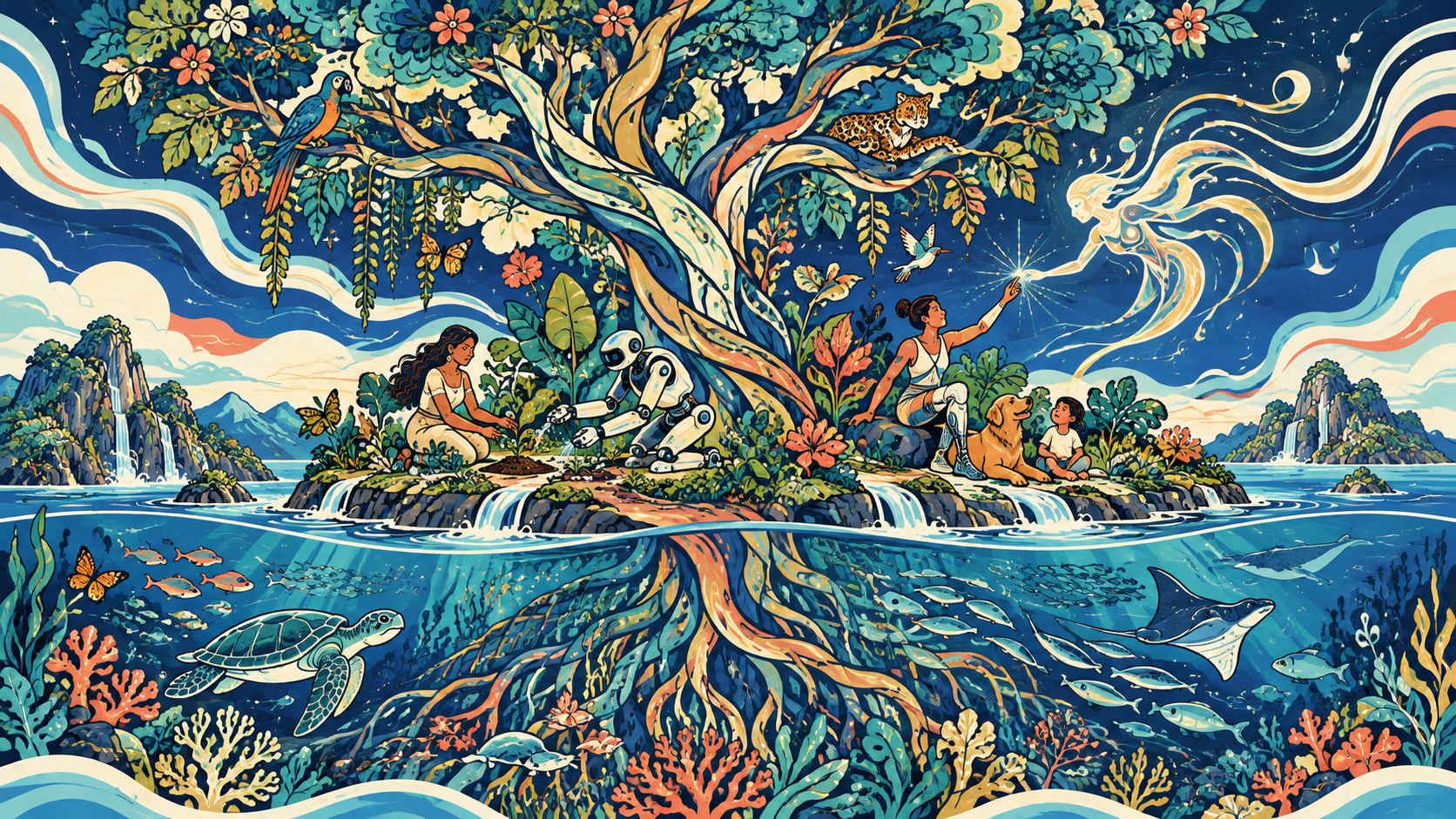 Un ecosistema ilustrado bajo un gran árbol, que conecta la vida terrestre, marina y digital con participantes orgánicos, sintéticos e híbridos.